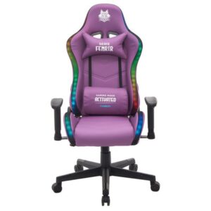 cromad serie fenrir silla gaming rgb estructura robusta piel sintetica de alta calidad altura regulable con piston de gas clase 2 respaldo reclinable cojin lumbar y cervical reposabrazos regulables color violeta