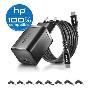 ngs bud65w h cargador gan 65w para portatiles hp usb c power delivery y pps 8 conectores dc incluidos cable usb c 1.5 m 60w diseno ultraportatil proteccion contra sobrecargas y sobrecalentamiento