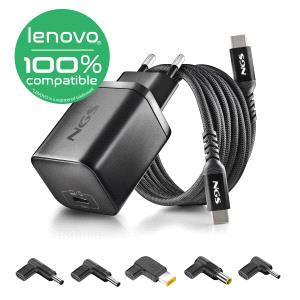 ngs bud65w l cargador gan 65w para portatiles lenovo usb c power delivery y pps 5 conectores dc incluidos cable usb c 1.5 m 60w diseno ultraportatil proteccion contra sobrecargas y sobrecalentamiento