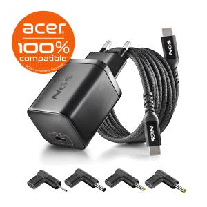 ngs bud65w‑ac cargador gan 65w para portatiles acer usb c power delivery y pps 4 conectores dc incluidos cable usb c 1.5m 60w diseño ultraportatil proteccion contra sobrecalentamiento y sobrecargas
