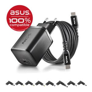 ngs bud65w as cargador gan 65w para portatiles asus usb c power delivery y pps 8 conectores dc incluidos cable usb c 1.5 m 60w diseno ultraportatil proteccion contra sobrecargas y sobrecalentamiento