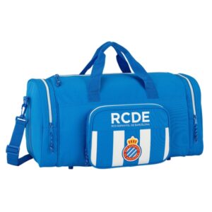 safta rcd espanyol bolsa de deporte bandolera ajustable cremallera doble bolsillo frontal bolsillos laterales fondo semirigido tacos en base 550x270x260mm color azul y blanco