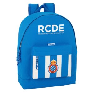 safta rcd espanyol mochila bolsillo frontal hombreras acolchadas doble tirador en cremallera asa superior 21l 325x150x430mm color azul y blanco