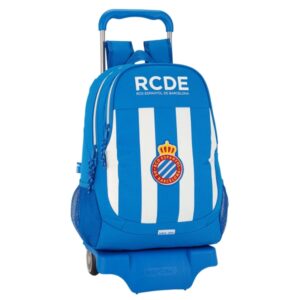 safta rcd espanyol mochila con carro portabotellas dos compartimentos tirador doble hombreras y espalda acolchadas asa superior mochila extraible 320x160x440mm color azul y blanco