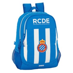 safta rcd espanyol mochila adaptable a carro portabotellas dos compartimentos grandes doble cremallera hombreras ergonomicas asa de mano 23l 320x160x440mm color azul y blanco