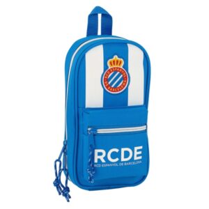 safta rcd espanyol plumier mochila 33 piezas goma lapiz tijeras sacapuntas boligrafos fluorescentes regla 12 rotuladores 12 colores 120x50x230mm color azul y blanco