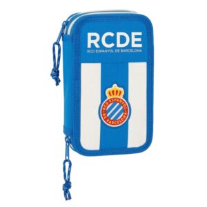 safta rcd espanyol plumier de 2 pisos 28 piezas 1l goma lapiz boligrafo sacapuntas 10 colores 14 rotuladores 125x40x195mm color azul y blanco