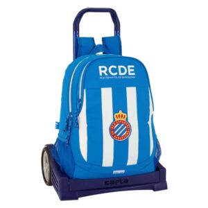 safta rcd espanyol mochila con carro portabotellas dos compartimentos doble cremallera hombreras y espalda acolchadas asa superior mochila extraible 320x160x440mm color azul y blanco