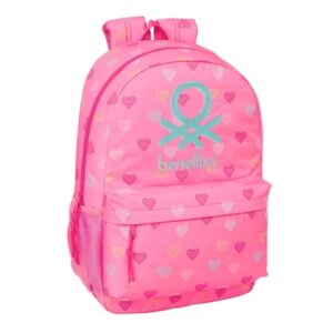 safta benetton heart mochila adaptable a carro bolsillos laterales tirador doble bolsillo frontal hombreras ergonomicas espalda acolchada asa superior 300x140x460mm color rosa