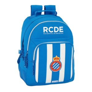 safta rcd espanyol mochila con 2 compartimentos antirozaduras adaptable a carro bolsillo frontal portabotellas tirador doble hombreras ergonomicas 20l 320x150x420mm color azul y blanco