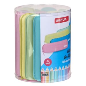 safta pack de 12 estuches silicona de alta calidad caja cilindrica de pvc transparente flexible facil de limpiar 170x210mm colores surtidos