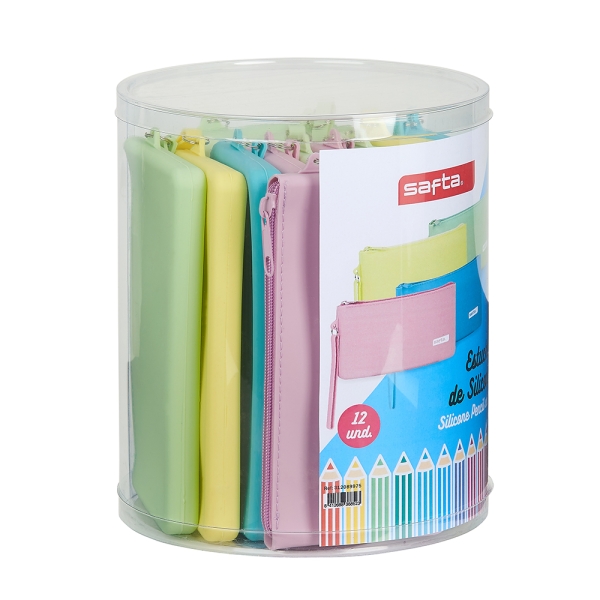 safta pack de 12 estuches planos caja cilindrica de pvc transparente silicona de alta calidad flexible facil de limpiar 195x230mm colores surtidos