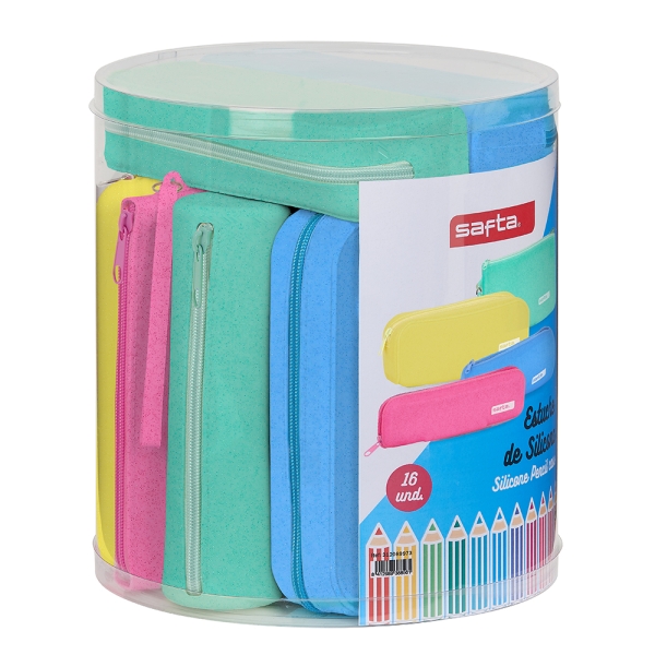 safta silicone glitter pack de 16 estuches silicona con purpurina caja cilindrica de pvc transparente variedad de modelos flexible facil de limpiar 227x230mm colores surtidos