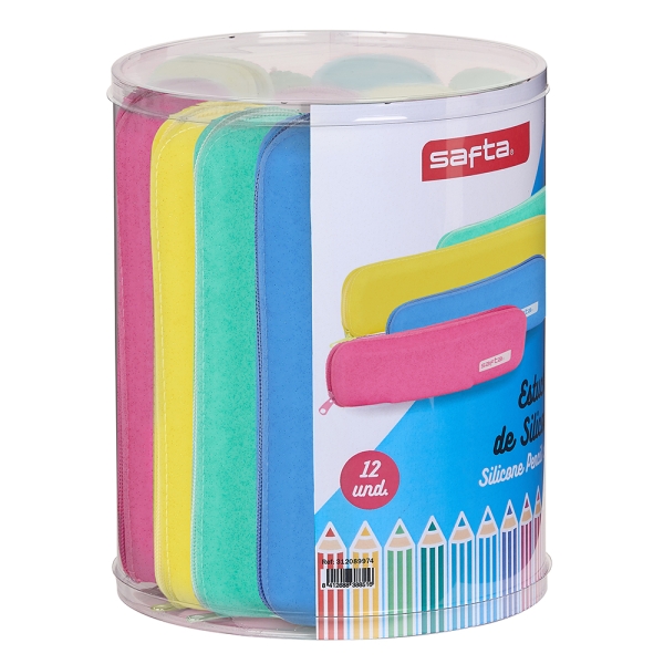 safta silicone glitter pack de 12 estuches planos caja cilindrica de pvc transparente silicona con purpurina flexible facil de limpiar 170x210mm colores surtidos