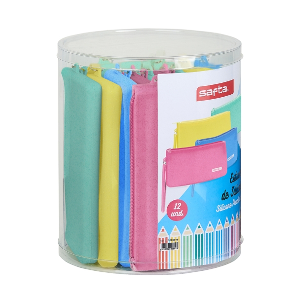 safta silicone glitter pack de 12 estuches planos silicona con purpurina caja cilindrica de pvc transparente flexible facil de limpiar 195x230mm colores surtidos