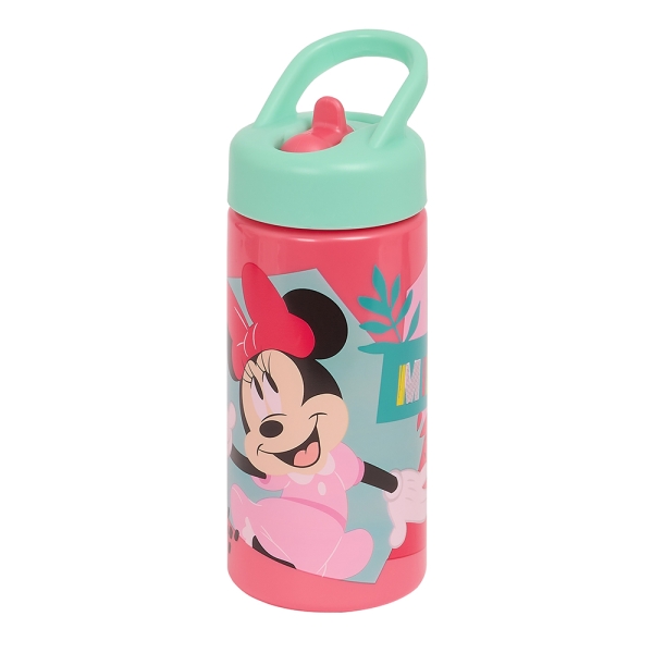 safta minnie mouse me time botella de 410ml pajita integrada valvula de salida de agua asa superior tapon roscado 17.8x7.4x6.4cm color rosa