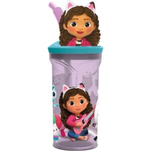 safta gabby's dollhouse party vaso con figura 3d de 360ml tapa con rosca pajita interior color transparente