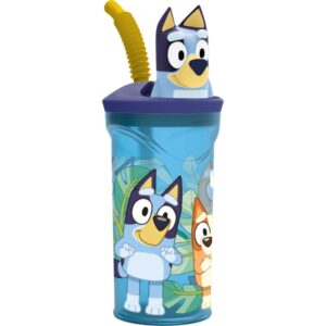safta bluey vaso con figura 3d de 360ml tapa con rosca cierre hermetico pajita interior color azul