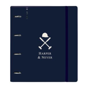 safta harper and neyer carpeta con 4 anillas 35mm tapas de pp foam recambio 100 hojas cierre elastico ranura para boligrafo incluye separadores 270x40x320mm color azul marino