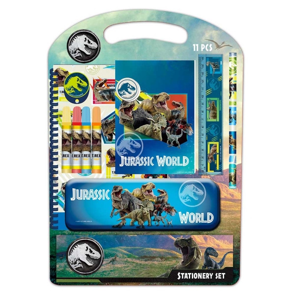 safta jurassic world pack escolar con plumier metalico lapiz 4 rotuladores regla 15cm sacapuntas goma libreta a4 bloc de notas a6 270x30x375mm multicolor