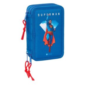 safta superman plumier de 3 pisos 37 piezas 1.3l goma lapiz boligrafos sacapuntas reglas 16 colores 14 rotuladores 125x55x195mm color azul oscuro
