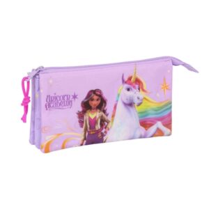 safta unicorn academy portatodo 3 compartimentos con cremalleras bolsillo interior 0.6l 220x30x120mm color rosa