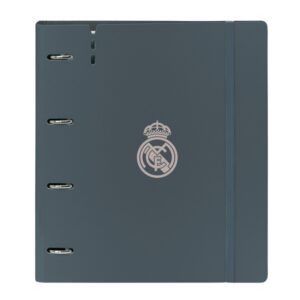 safta real madrid 3ª equipacion 24/25 carpeta con 4 anillas 35mm tapas de pp foam recambio 100 hojas cierre elastico separadores internos 270x40x320mm color gris