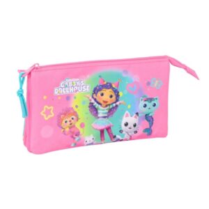 safta gabby's dollhouse confetti portatodo 3 compartimentos con cremalleras bolsillo interior 0.6l 220x30x120mm color rosa
