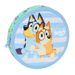 safta bluey sisters plumier redondo 18 piezas cremallera goma lapiz 6 colores 8 rotuladores sacapuntas 210x35mm color azul