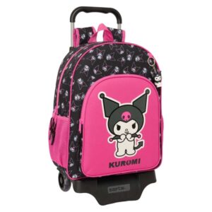 safta kuromi mochila con carro portabotellas doble tirador ergonomia acolchada mochila extraible ruedas de goma 21l 330x140x420mm color negro y rosa
