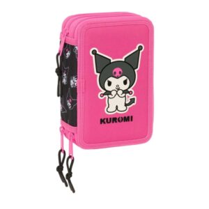 safta kuromi plumier de 3 pisos 37 piezas 1.3l goma lapiz boligrafos sacapuntas reglas 16 colores 14 rotuladores 125x55x195mm color negro y rosa