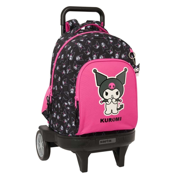 safta kuromi mochila con carro extraible bolsillo frontal portabotellas tirador doble hombreras acolchadas tarjeta id ruedas antivibracion 330x220x450mm color negro y rosa