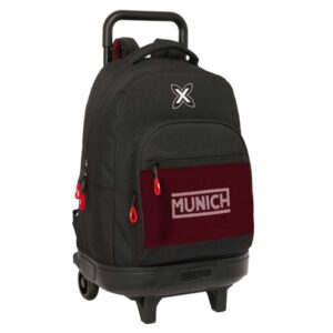 safta munich vulcan mochila con carro 33l bolsillo frontal portabotellas hombreras acolchadas asa acolchada tarjeta id base reforzada tirador doble 330x220x450mm color negro y rojo