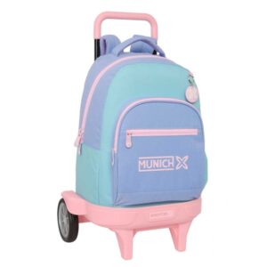 safta munich mellow mochila con carro extraible portabotellas tirador doble hombreras acolchadas tarjeta id ruedas antivibracion carro de pp 33l 330x220x450mm color azul claro