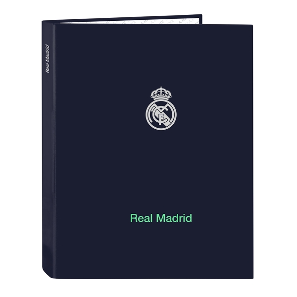 safta real madrid 2ª equipacion 25/26 carpeta con 4 anillas 25mm tapas duras forradas formato folio elegante resistente y duradera 265x40x330mm color azul marino