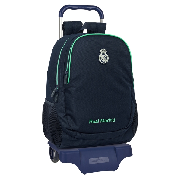 safta real madrid 2ª equipacion 25/26 mochila con carro portabotellas 2 compartimentos tirador doble hombreras y espalda acolchadas mochila extraible 320x160x440mm color azul marino