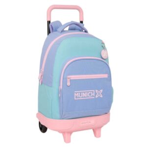 safta munich mellow mochila con carro extraible bolsillo frontal portabotellas tirador doble hombreras acolchadas tarjeta id 330x220x450mm color azul claro