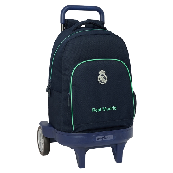 safta real madrid 2ª equipacion 25/26 mochila con carro portabotellas hombreras acolchadas tarjeta id bandeja pvc ruedas antivibracion 330x220x450mm color azul marino