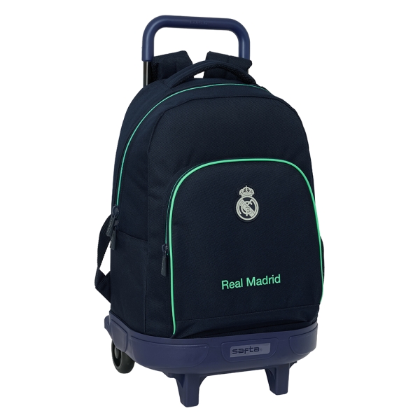 safta real madrid 2ª equipacion 25/26 mochila con carro extraible portabotellas tirador doble hombreras acolchadas tarjeta id bandeja pvc 330x220x450mm color azul marino