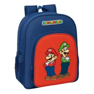 safta super mario mamma mia mochila adaptable a carro portabotellas tirador doble hombreras ergonomicas acolchadas bolsillo frontal asa de mano 15l 320x120x380mm color rojo y azul