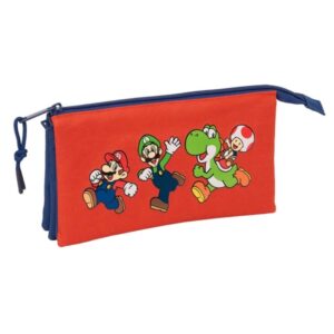 safta super mario mamma mia portatodo 3 compartimentos con cremalleras bolsillo interior 0.60l 220x30x120mm color rojo y azul