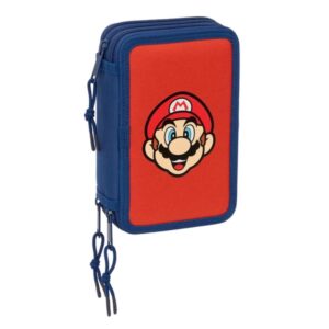 safta super mario mamma mia plumier de 3 pisos 37 piezas 1.3l goma lapiz boligrafos sacapuntas reglas 16 colores 14 rotuladores 125x55x195mm color rojo y azul