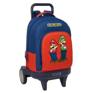 safta super mario mamma mia mochila con carro 33l ruedas antivibracion bolsillo frontal pvc hombreras acolchadas extraible portabotellas 330x220x450mm color rojo y azul