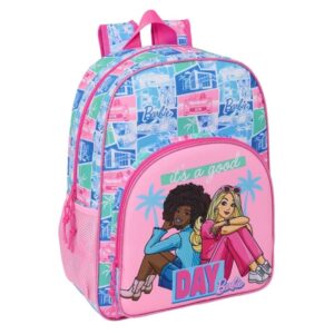 safta barbie mochila adaptable a carro portabotellas doble tirador en cremallera hombreras ergonomicas acolchadas asa de mano superior 19l 330x140x420mm color rosa