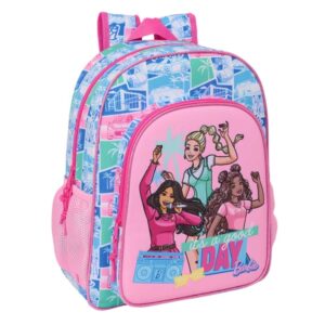 safta barbie mochila adaptable a carro portabotellas doble tirador en cremallera hombreras ergonomicas acolchadas asa de mano superior 15l 320x120x380mm color rosa