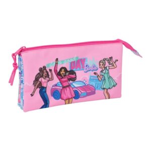 safta barbie portatodo 3 compartimentos con cremalleras bolsillo interior 0.6l 220x30x120mm color rosa