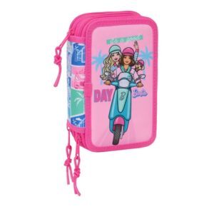 safta barbie plumier de 3 pisos 37 piezas 1.3l goma lapiz boligrafos sacapuntas reglas 16 colores 14 rotuladores 125x55x195mm color rosa