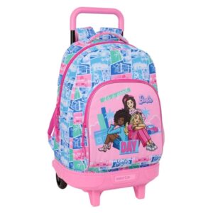 safta barbie mochila con carro extraible bolsillo frontal portabotellas tirador doble hombreras acolchadas asa acolchada tarjeta id base reforzada 33l 330x220x450mm color rosa