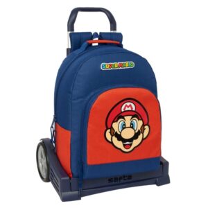 safta super mario mamma mia mochila con carro tirador doble hombreras acolchadas mochila extraible ruedas antivibracion sistema de bloqueo 320x150x420mm color rojo y azul