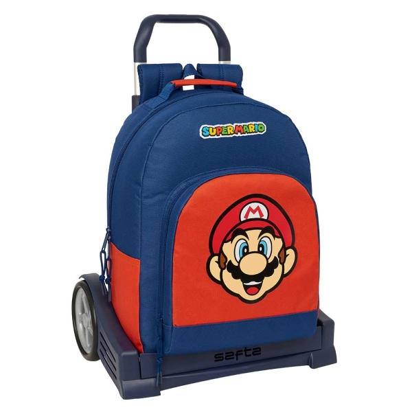 safta super mario mamma mia mochila con carro tirador doble hombreras acolchadas mochila extraible ruedas antivibracion sistema de bloqueo 320x150x420mm color rojo y azul